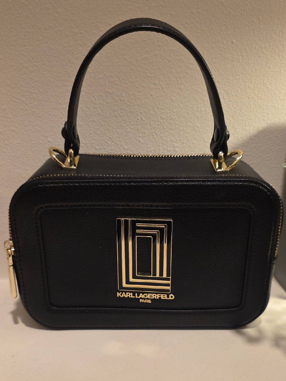 Karl Lagerfeld Black & Gold Structured Top-Handle Satchel